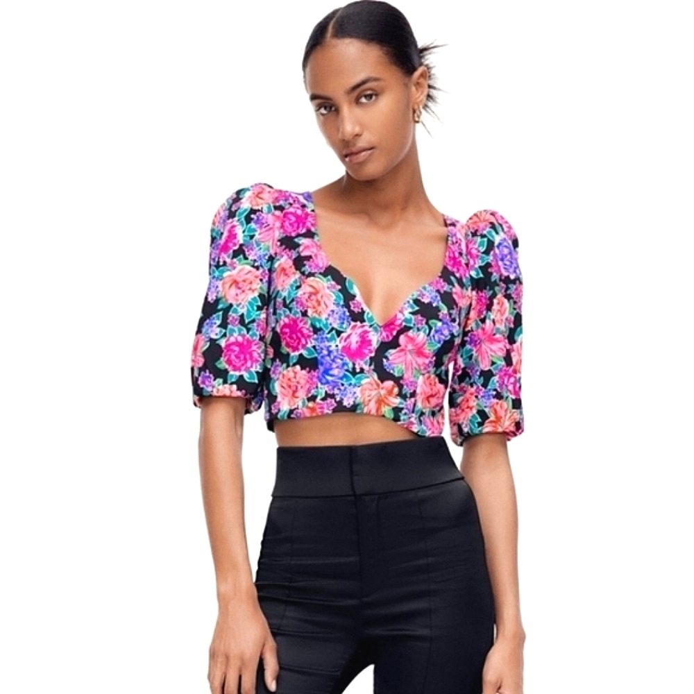 💙Zara Floral Puff Sleeve Crop Top - Black, Pink, Purple, Green☆